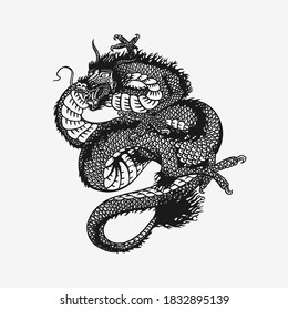 Japanese dragon. Mythological animal or Asian traditional reptile. Symbol for tattoo or label. Engraved hand drawn line art Vintage old monochrome sketch, ink. Vector illustration.