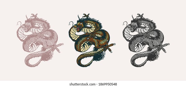 Japanese dragon. Mythological animal or Asian traditional reptile. Symbol for tattoo or label. Engraved hand drawn line art Vintage old monochrome sketch, ink. Vector illustration.