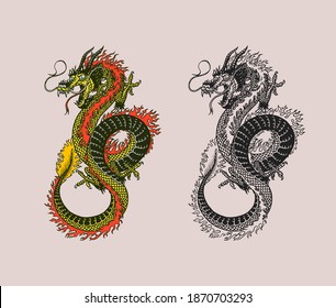 dragón japonés. Animales mitológicos o reptiles asiáticos tradicionales. Símbolo de tatuaje o etiqueta. Dibujo de líneas dibujadas a mano Vintage antiguo cromo, tinta. Ilustración vectorial.