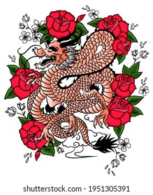 Japanese dragon with Read rose flower vector design isolated on white background.