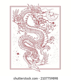 Japanese dragon and Read rose flower vector design isolated white background 