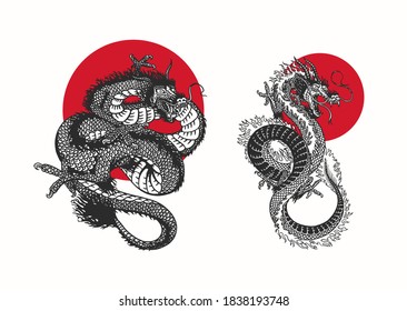 Japanese dragon and red sun.. Mythological animal or Asian traditional reptile. Symbol for tattoo or label. Engraved hand drawn line art Vintage old monochrome sketch, ink. Vector illustration.