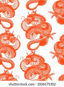 Japanese dragon. Seamless pattern. Mythological animal or Asian reptile Poster or banner. Symbol for tattoo or label. Engraved hand drawn Vintage old monochrome sketch. Vector illustration background 
