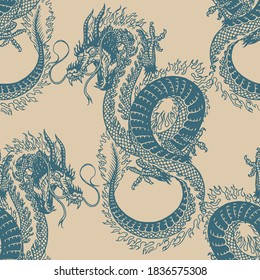 Japanese dragon. Seamless pattern. Mythological animal or Asian reptile Poster or banner. Symbol for tattoo or label. Engraved hand drawn Vintage old monochrome sketch. Vector illustration background 