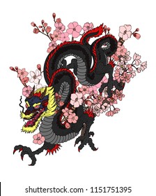 Japanese Dragon tattoo with cherry flower and peach flower tattoo.illustration of asia dragon for printing. Dragon tattoo.