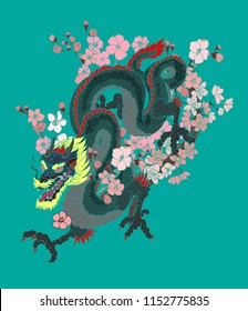 Japanese Dragon tattoo with cherry flower and peach flower tattoo.illustration of asia dragon for printing. Dragon tattoo.