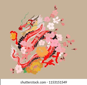 Japanese Dragon tattoo with cherry flower and peach flower tattoo.illustration of asia dragon for printing. Dragon tattoo.