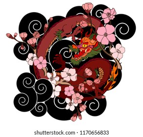 Japanese Dragon tattoo with cherry flower and peach flower tattoo.illustration of asia dragon for printing. Dragon tattoo.