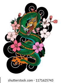 Japanese Dragon tattoo with cherry flower and peach flower tattoo.illustration of asia dragon for printing. Dragon tattoo.