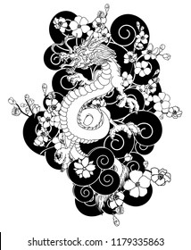 Japanese Dragon tattoo with cherry flower and peach flower tattoo.illustration of asia dragon for printing. Dragon tattoo.