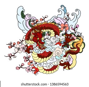 Japanese Dragon tattoo with cherry flower and peach flower tattoo.illustration of asia dragon for printing. Dragon tattoo.