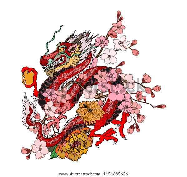 桜と桃の花の入れ込みをした日本のドラゴンタトゥー 印刷用アジアドラゴンのイラスト ドラゴンタトゥー のベクター画像素材 ロイヤリティフリー