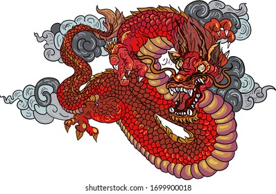 Japanese dragon tattoo with cloud isolate on white backgound.