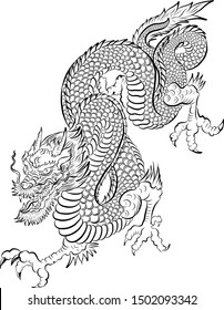 Japanese dragon tattoo isolated on white background.illustration of asia dragon for printing.Dragon Chinese character.Symbol of asia.Vector art design for coloring book and T-shirt.