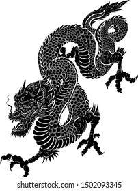 Japanese dragon tattoo isolated on white background.illustration of asia dragon for printing.Dragon Chinese character.Symbol of asia.Vector art design for coloring book and T-shirt.