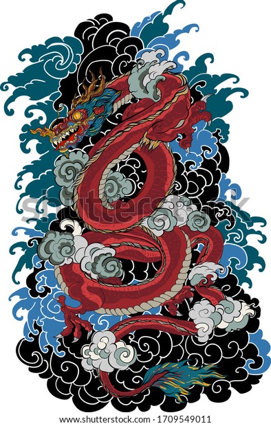 Japanese Dragon tattoo.Red dragon with\
water splash and cloud tattoo.Arm sleeve\
tattoo