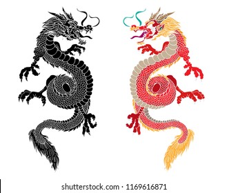 Japanese dragon tattoo.Japanese blue dragon tattoo.Dragon on white isolated background for Chinese New Year.Gold Chinese Dragon vector.Gold line art King  tattoo.vector for t-shirt.