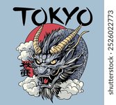 Japanese dragon vector illustration with Japanese text Tokyo . Vector graphics for t-shirt prints and other uses.