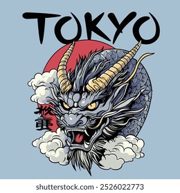 Japanese dragon vector illustration with Japanese text Tokyo . Vector graphics for t-shirt prints and other uses.