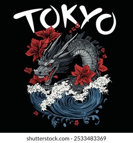 Japanese dragon vector illustration. Tokyo slogan. Dragon vector for t-shirt, sweatshirt prints and other uses