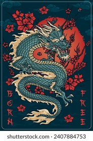 Japanese dragon vintage poster colorful with oriental totem flying among sakura branches and red sun vector illustration