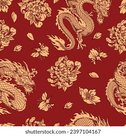 Japanese dragons seamless pattern colorful flowers near angry reptile with strong scales and long horns in retro style vector illustration