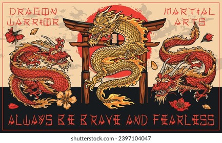 Japanese dragons warriors colorful flyer with mythical predators near traditional asian arch for fight club interior design vector illustration