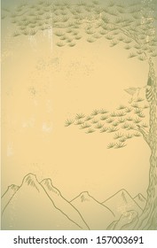 Japanese drawing, pine tree with birds background,vector