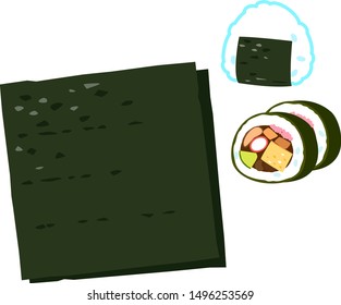 Japanese dried seaweed and a rice ball and sushi rolls