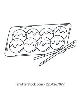 Japanese dumpling dango doodle illustration. Isian food vector. Sketch ink traditional sweet dish of japan. Dessert with sauce clip art