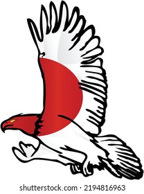 Japanese Eagle soars in the sky. The flag of Japan covers the wings of an Eagle. A Cool Eagle is exploring its territory. National vector illustration.