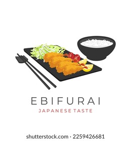 Japanese Ebi Furai Illustration Logo Ready To Eat And Served With Rice