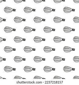 Japanese ebi nigiri seamless pattern in hand drawn doodle style. Asian food for restaurants menu