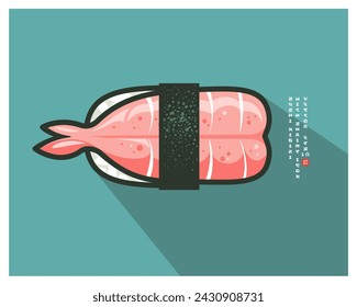 Japanese Ebi Nigiri Sushi. Rice with shrimp and nori seaweed. Icon with English text like of Japanese characters.