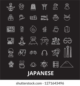 Japanese editable line icons vector set on black background. Japanese white outline illustrations, signs, symbols
