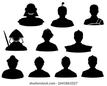 Japanese Edo period Warring States period male image monochrome icon set 