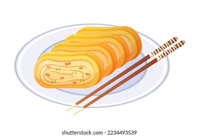 Japanese egg roll on plate. Asian food in cartoon style. Colorful vector illustration isolated on white background.