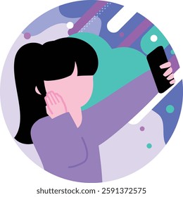 Japanese elementary school student learning English on a computer with headphones: Distance learning, children's study illustration