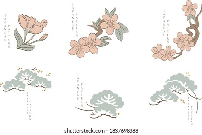 Japanese elements icons with hand drawn natural background. Cherry blossom flower and bonsai logo design in Asian style.