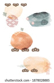 Japanese elements vector with watercolor texture. Abstract background in Asian style. Icon and symbol in vintage style.