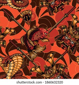 Japanese Elements Vintage Seamless Pattern With Katana Sword Poisonous Snake Head Samurai Mask In Helmet Koi Carp Angry King Cobra Vector Illustration