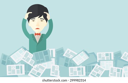 A japanese employee has a lot to do work with those papers around him and having a problem on how to meet the deadline of his report. Disappointment Concept. A contemporary style with pastel palette