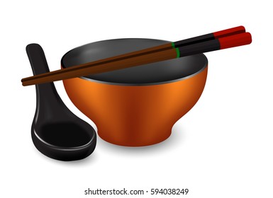 Japanese empty dish in realistic style. Misoshiru dish and chopsticks isolated on white background. Cooking vector illustration collection. Kitchen objects for your design