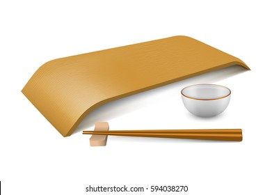 Japanese empty dish in realistic style. Boards for sushi, chopsticks isolated on white background. Cooking vector illustration collection. Kitchen objects for your design