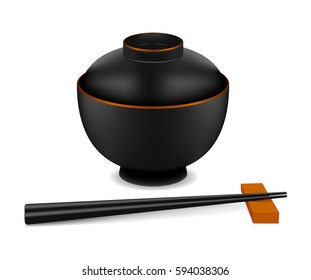 Japanese empty dish in realistic style. Misoshiru dish and chopsticks isolated on white background. Cooking vector illustration collection. Kitchen objects for your design