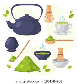 Japanese ethnic and national tea ceremony. Collection of matcha tea products. Matcha powder, teapot, bamboo spoon, tea leaves, chasen, cha shaku, chawan. Cartoon vector set. Flat design.