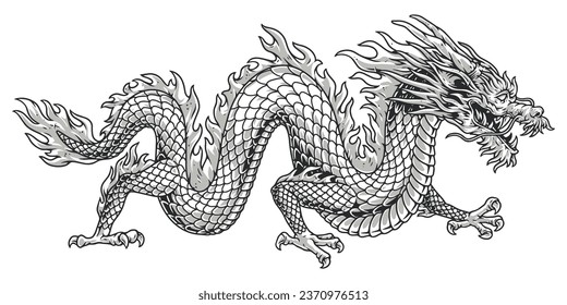 Japanese evil dragon monochrome logotype with long predatory reptile with wavy body and fire-like mane vector illustration