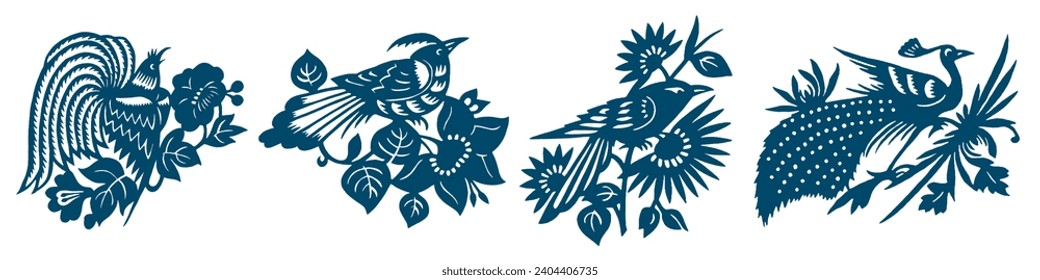 Japanese Exotic Bird. Oriental Ornament Elements. Eastern Indigo, Navy Blue Decoration. Nature, Floral Details. Storl with Bamboo and Palm Tree.

