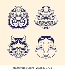 arte de la línea vectorial de máscara facial japonesa
