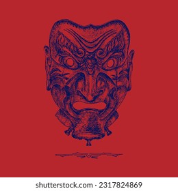  Japanese facial armour, Samurai armor mask, hand drawn illustration in vector, sketch of Somen,